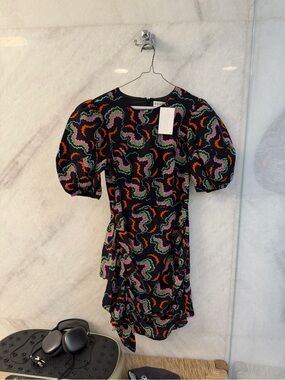 Black Puff-Sleeve Mini Dress with Multicolor Abstract Print